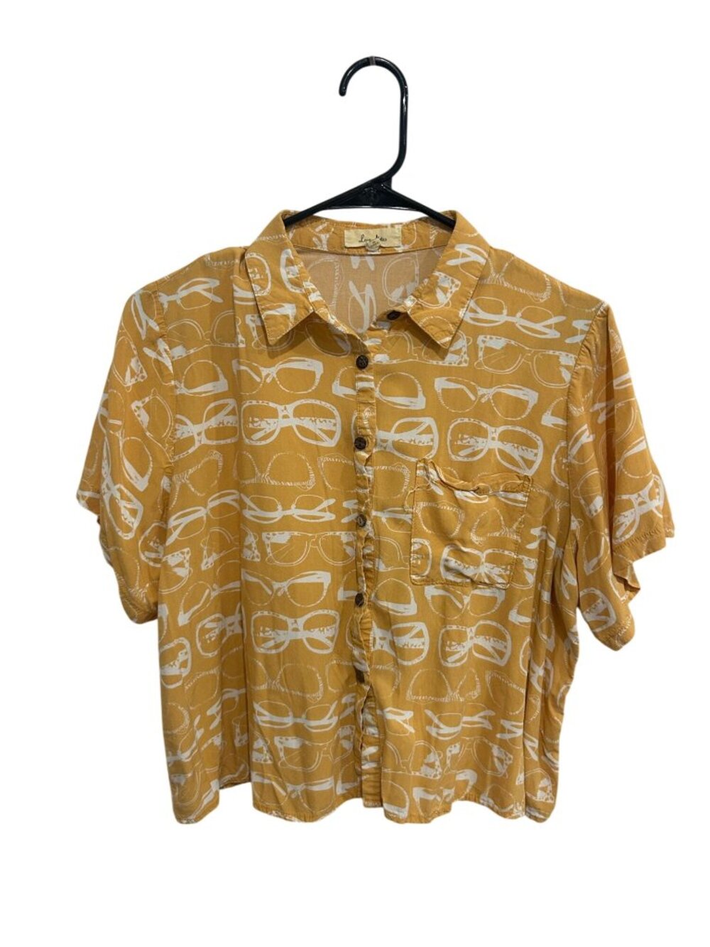 Love Notes XL Mustard Yellow Sunglasses Print Shirt Whimsical Statement Style